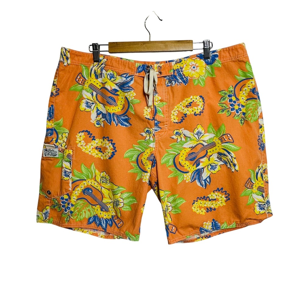 Vintage Polo Ralph Lauren Board Shorts Men 40 Orange Tropical Floral Ukulele